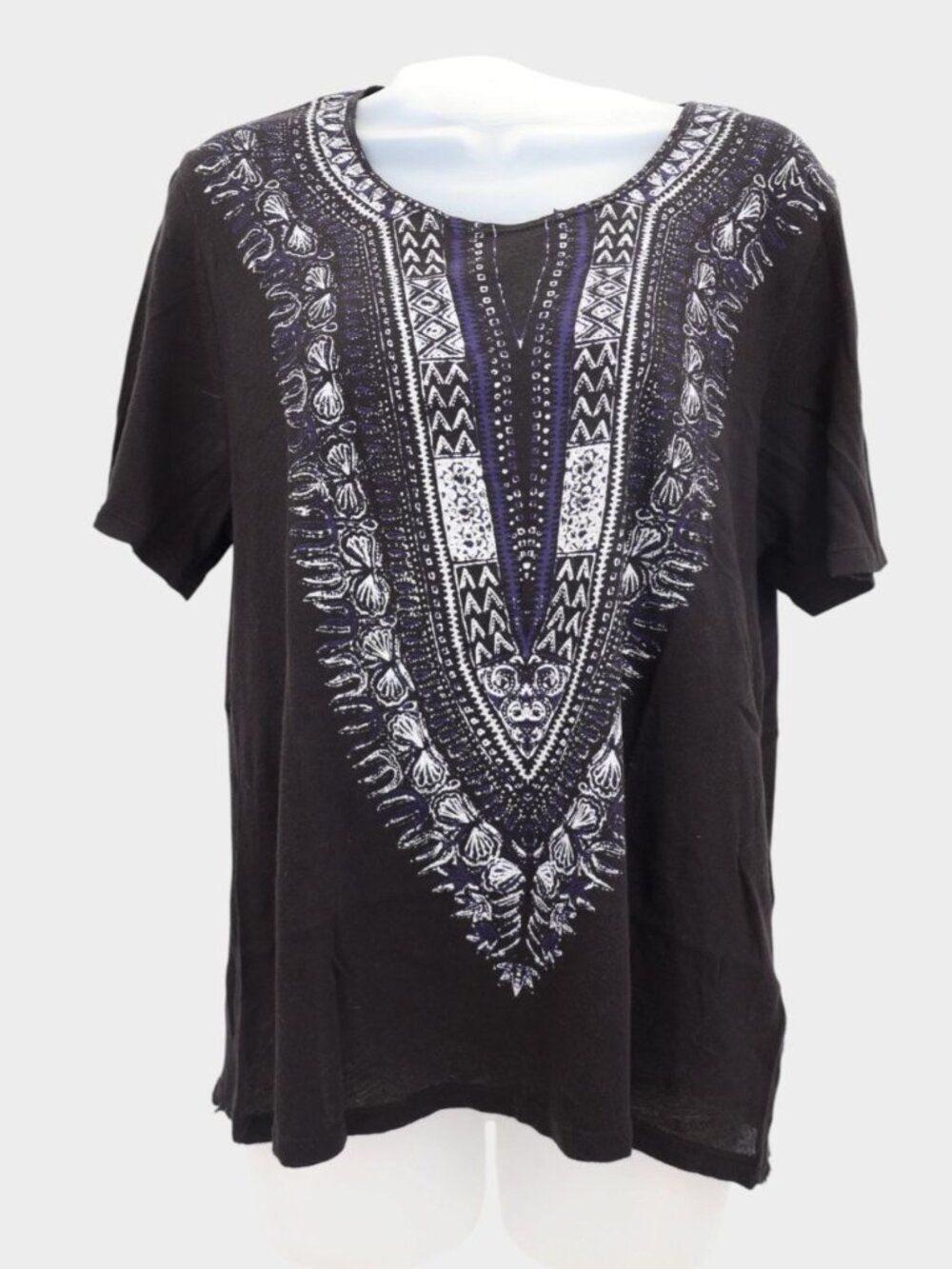 Raquel Allegra Blouse Top Size 1 Black Blue Short Sleeve Scoop Boho Raw Hem